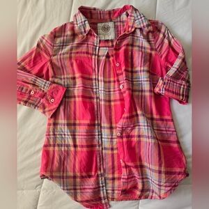 SO Pink and White Lightweight Button Down Plaid Cotton Shirt Size Small